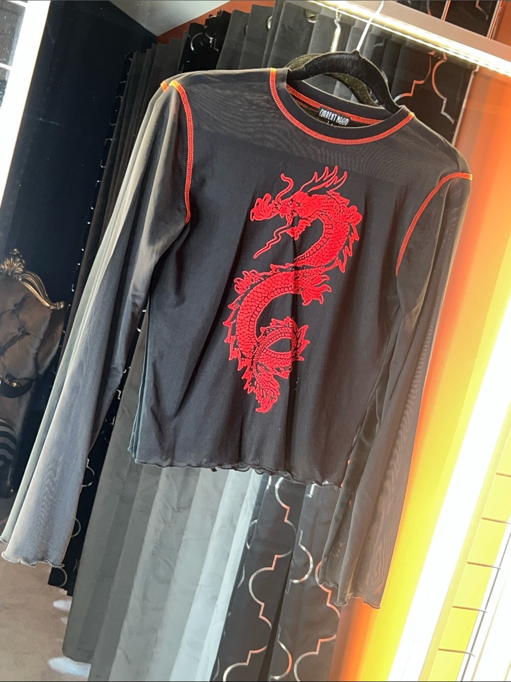 🔥 NEW Current Mood Large Black Sheer Red Dragon Mesh Top 🔥